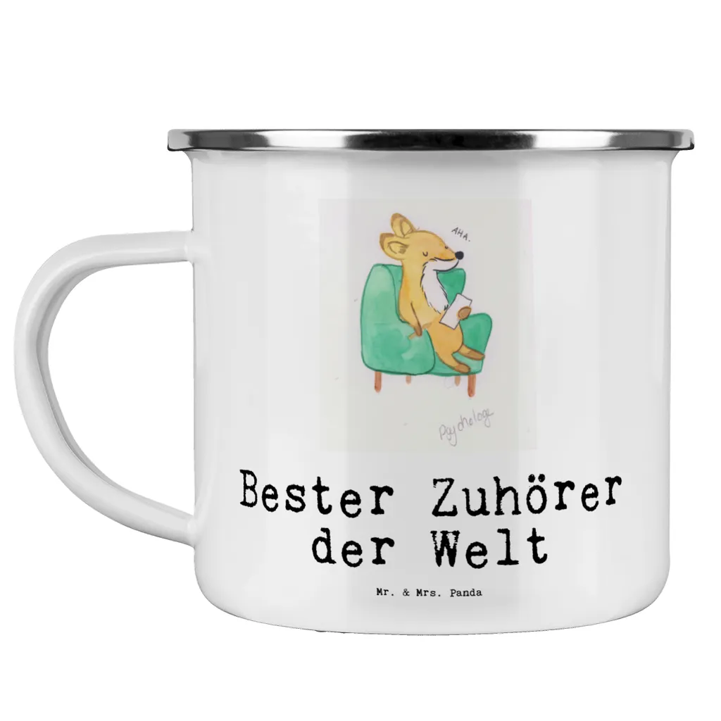 Mr. & Mrs. Panda Camping Emaille Tasse Fuchs Bester Zuhörer der Welt - Weiß - Geschenk, Edelstahl Trinkbecher, Geburtstag, offenes Ohr, Metalltasse, Geschenktipp, Freund